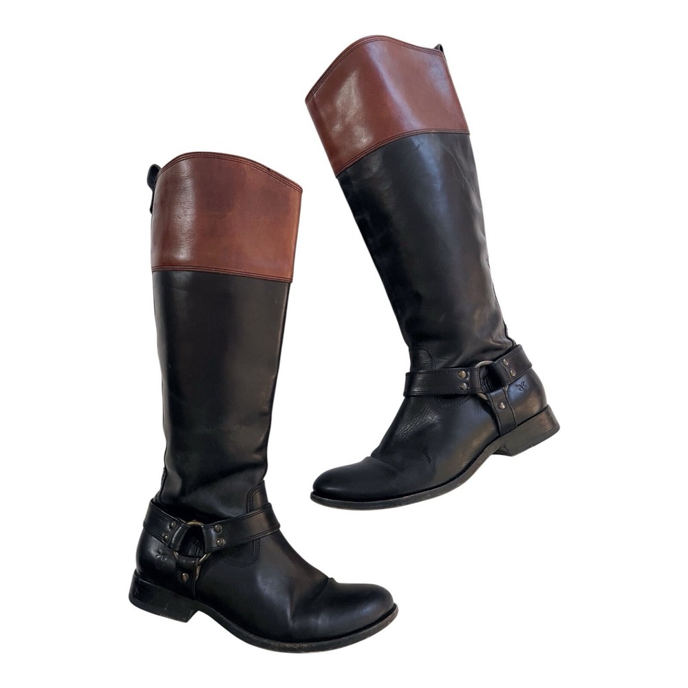 FRYE Leather Melissa Harness‎ Riding Boots Tall Black Knee High Equestrian 7 1/2